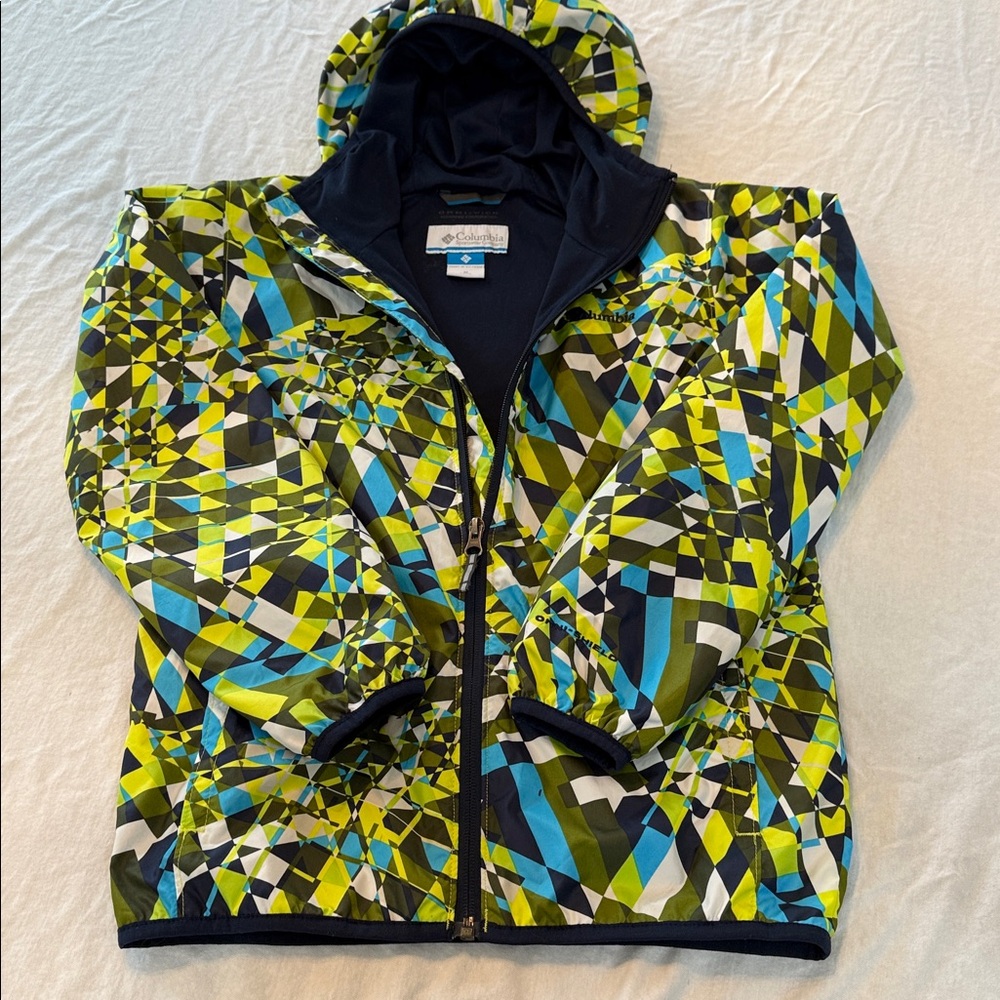 Columbia Windbreaker geometric pattern in blue, green & white Kids size Medium - Picture 2 of 9
